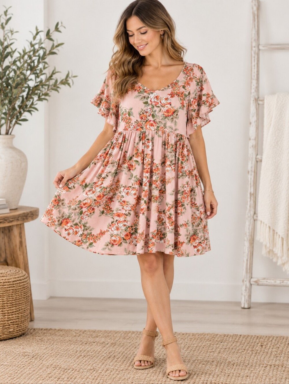 Uncle Frank Dusty Pink Floral Babydoll Dress S/M Flutter Sleeve Pockets